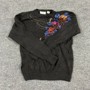 Margules Sweater Womens Size L Black Beaded Sequin Floral Ramie Cotton Knit